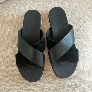 New UGG Kari Leather Suede Banded Slide Sandals 8 Black
